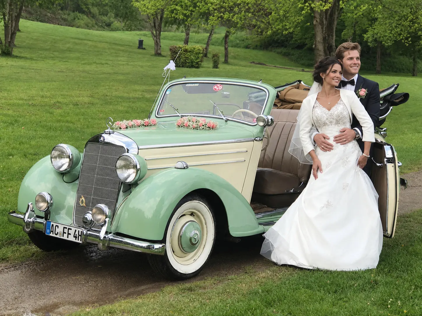 Brautpaar am Mercedes-Benz 170S B-Cabrio